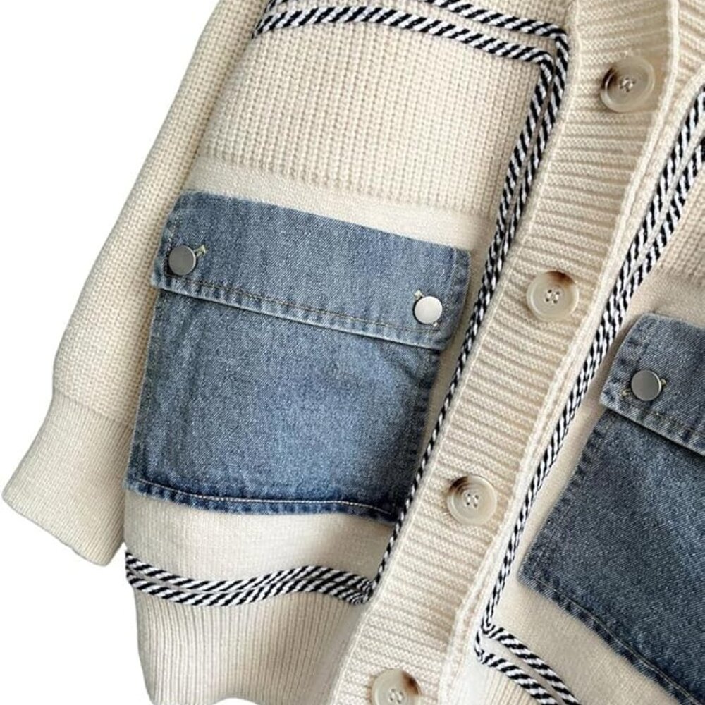 Cozy Denim Pockets Color Block Button Down Cardig… - image 8